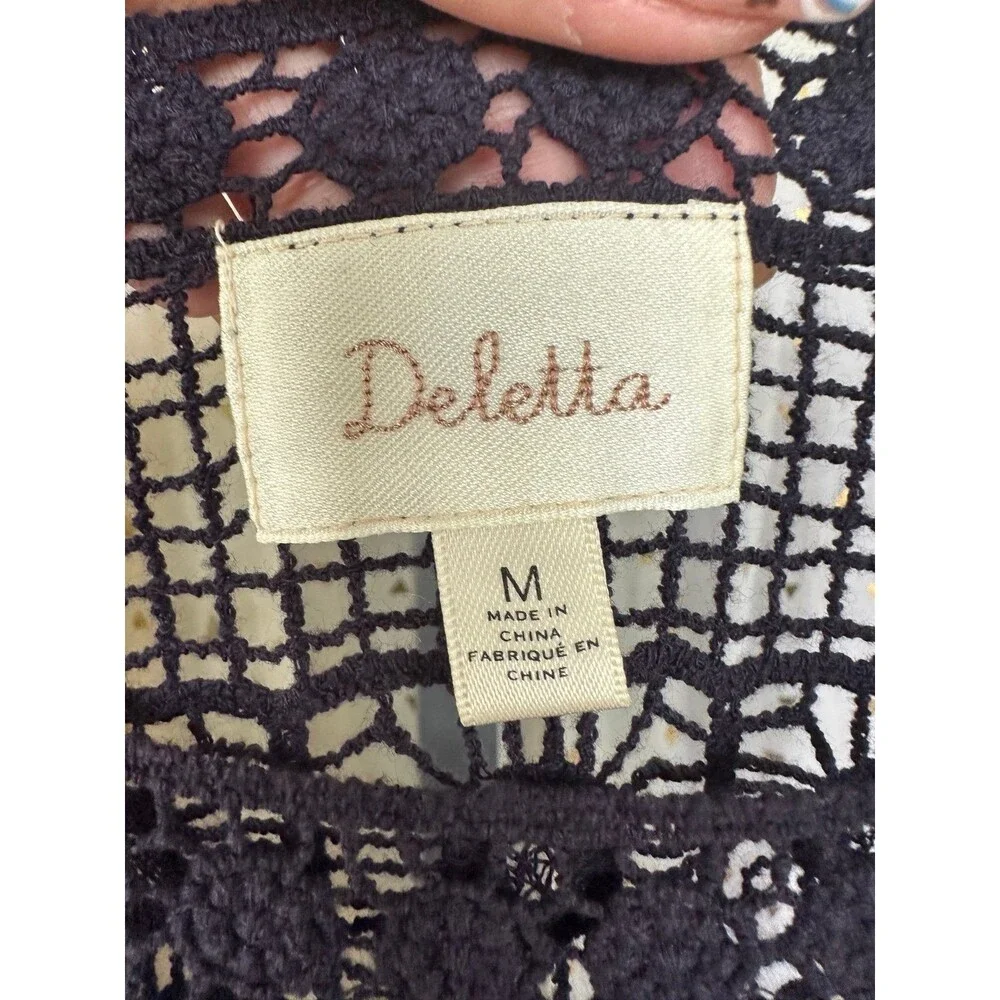Anthropologie Deletta Navy Bohemian Crochet Lace Embroider Blouse Cover Up Top M